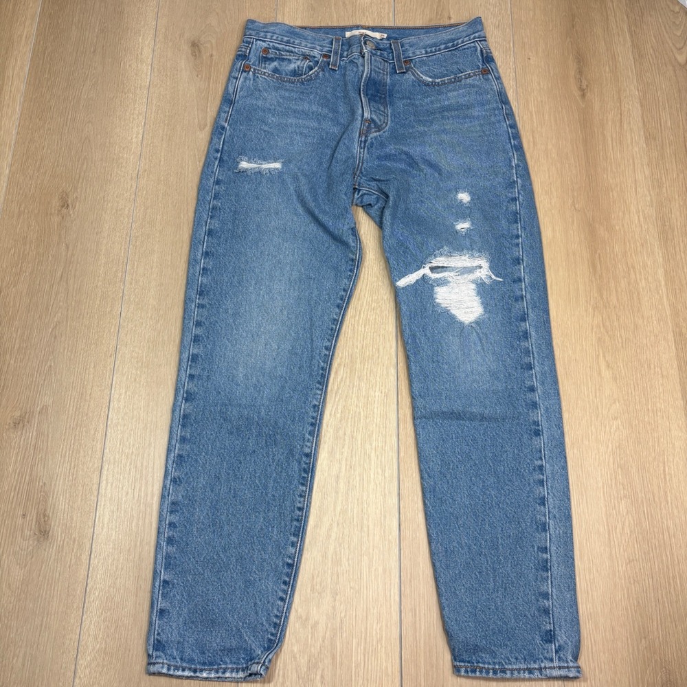 Levis Wedgie Straight Fit Distressed Blue Jeans High Rise Button Fly 28 Womens